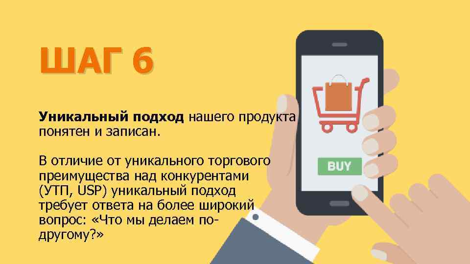 ШАГ 6 Уникальный подход нашего продукта понятен и записан. В отличие от уникального торгового