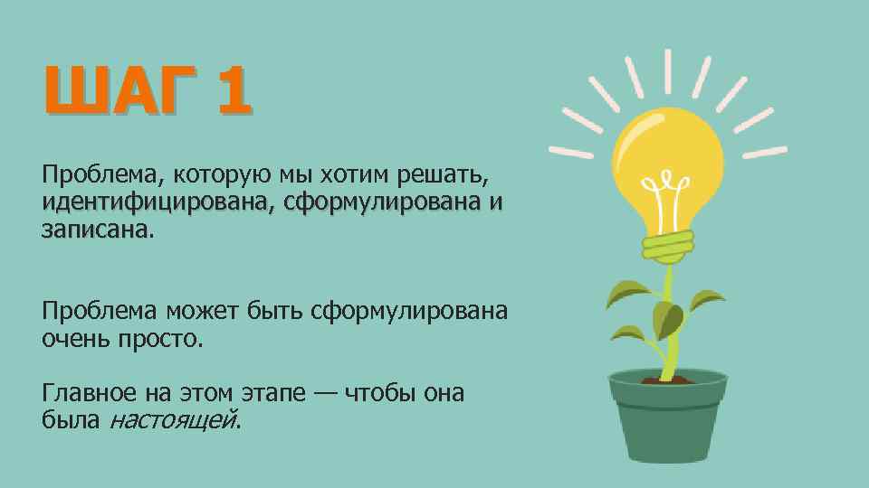 ШАГ 1 Проблема, которую мы хотим решать, идентифицирована, сформулирована и записана Проблема может быть