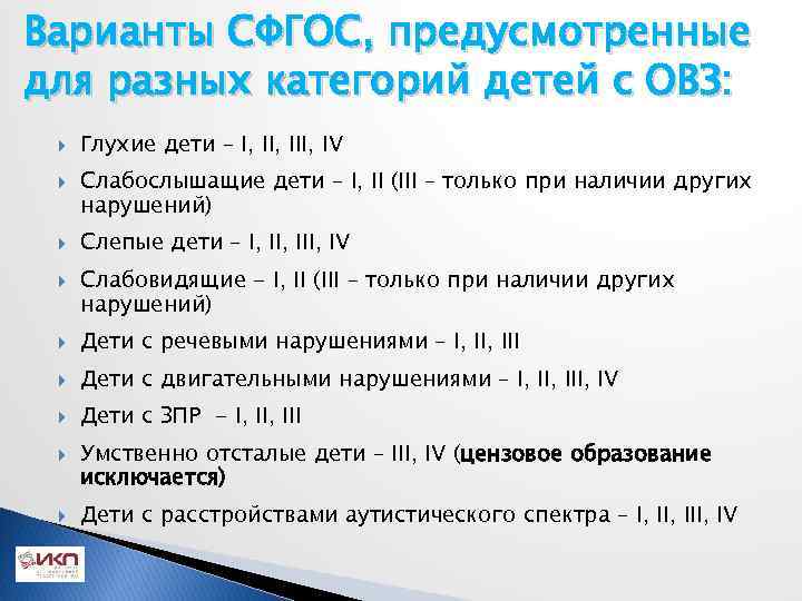 Варианты СФГОС, предусмотренные для разных категорий детей с ОВЗ: Глухие дети – I, III,