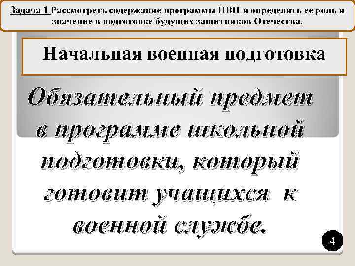 Задача 1 Рассмотреть содержание программы НВП и определить ее роль и значение в подготовке