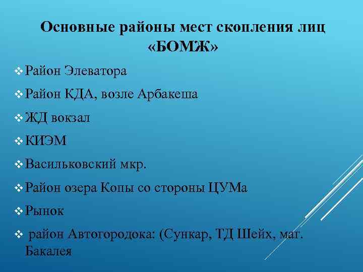 Основные районы мест скопления лиц «БОМЖ» v Район Элеватора v Район КДА, возле Арбакеша