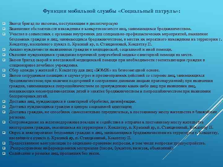 Функции мобильной службы «Социальный патруль» : q q q q Выезд бригад по вызовам,