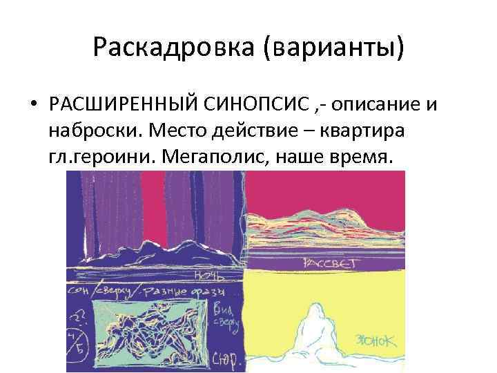 Раскадровка (варианты) • РАСШИРЕННЫЙ СИНОПСИС , описание и наброски. Место действие – квартира гл.