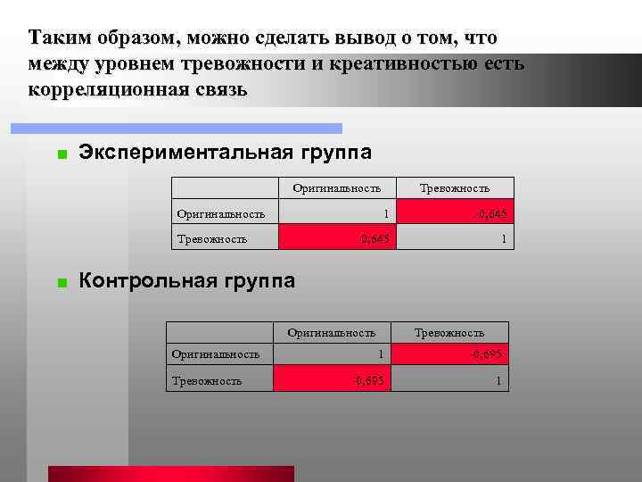 Таким образом, можно сделать вывод о том, что между уровнем тревожности и креативностью есть
