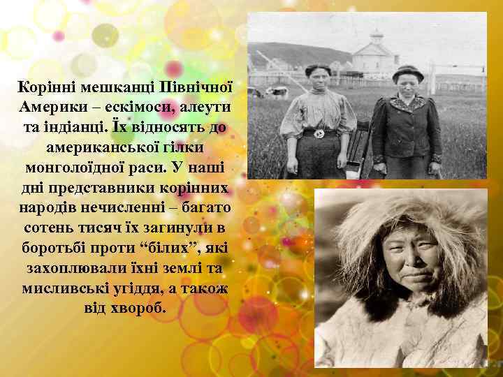 Корінні мешканці Північної Америки – ескімоси, алеути та індіанці. Їх відносять до американської гілки