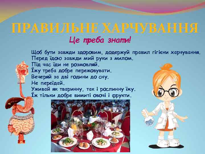 ПРАВИЛЬНЕ ХАРЧУВАННЯ Це треба знати! Щоб бути завжди здоровим, додержуй правил гігієни харчування. Перед