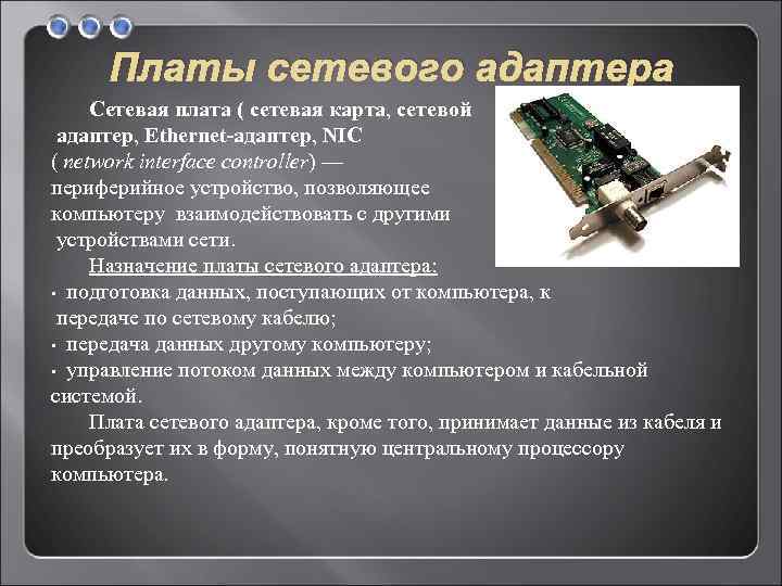 Платы сетевого адаптера Сетевая плата ( сетевая карта, сетевой адаптер, Ethernet-адаптер, NIC ( network