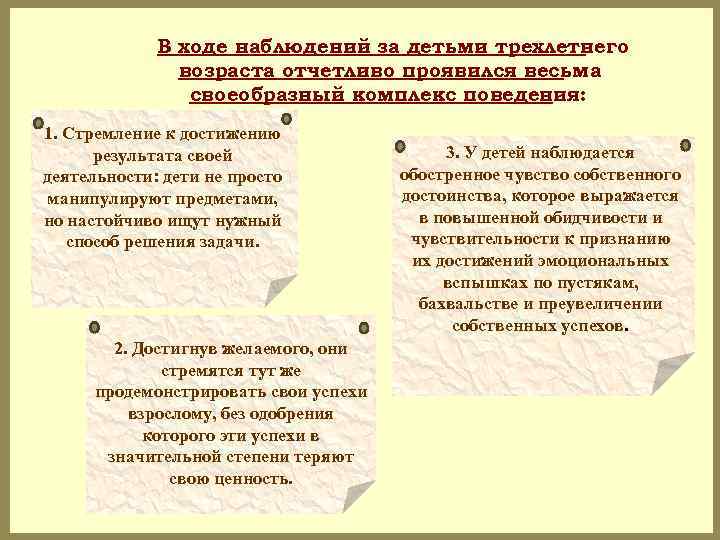 В ходе наблюдений за детьми трехлетнего возраста отчетливо проявился весьма своеобразный комплекс поведения: 1.