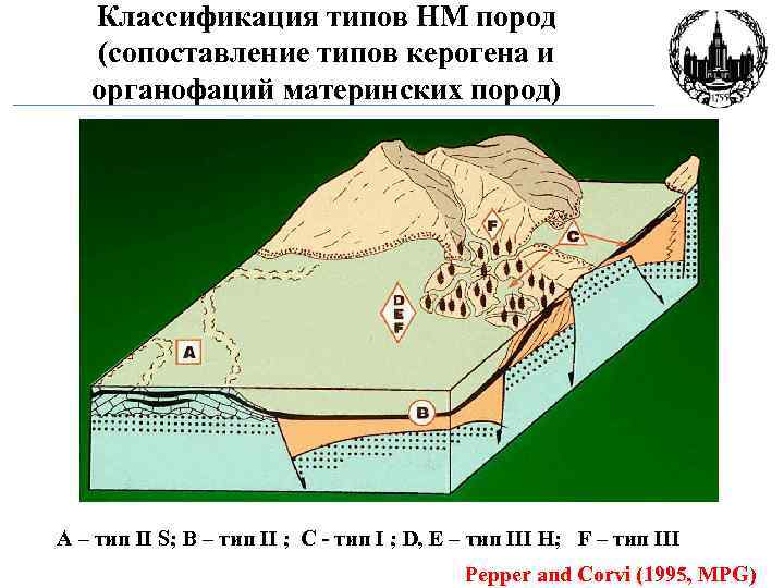 Классификация типов НМ пород (сопоставление типов керогена и органофаций материнских пород) А – тип