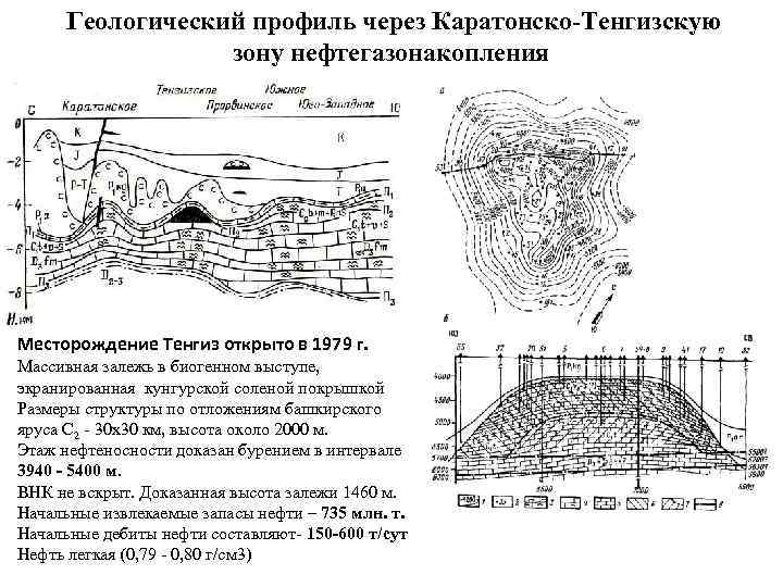 Геологический профиль через Каратонско-Тенгизскую зону нефтегазонакопления Месторождение Тенгиз открыто в 1979 г. Массивная залежь