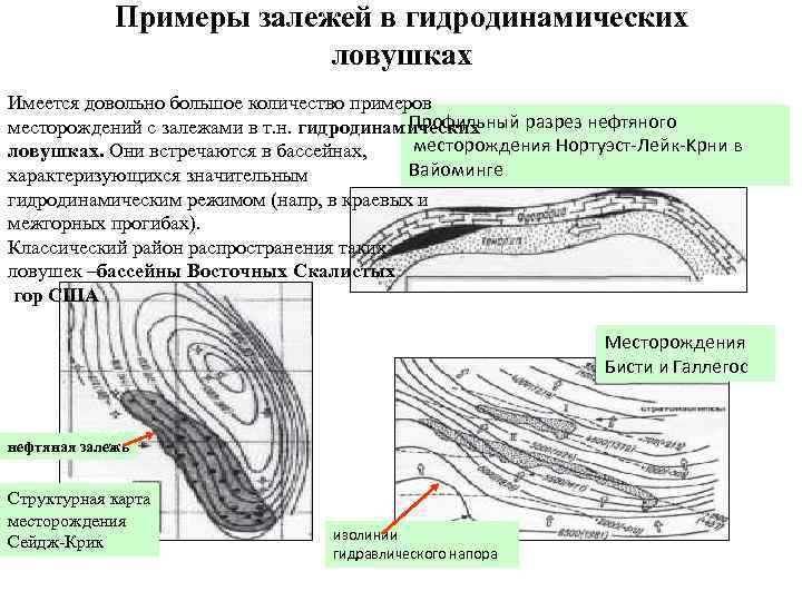 Примеры залежей в гидродинамических ловушках Имеется довольно большое количество примеров Профильный разрез нефтяного месторождений