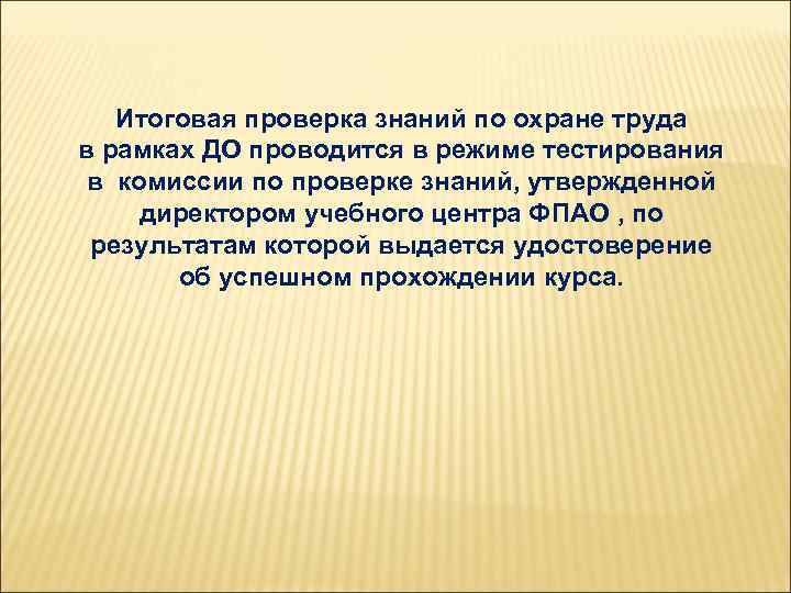 Итоговая проверка знаний по охране труда в рамках ДО проводится в режиме тестирования в