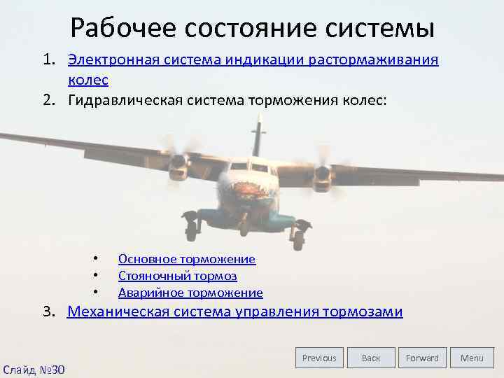 Рабочее состояние системы 1. Электронная система индикации растормаживания колес 2. Гидравлическая система торможения колес: