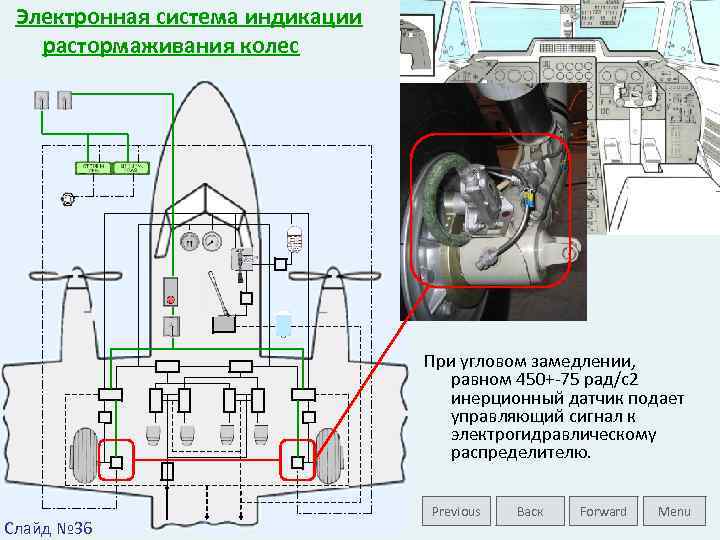 Электронная система индикации растормаживания колес При угловом замедлении, равном 450+-75 рад/с2 инерционный датчик подает