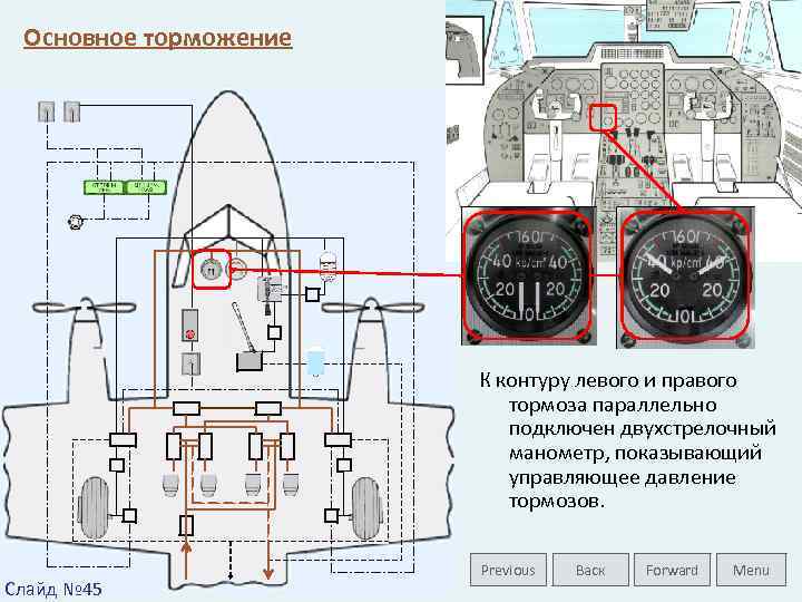 Основное торможение К контуру левого и правого тормоза параллельно подключен двухстрелочный манометр, показывающий управляющее