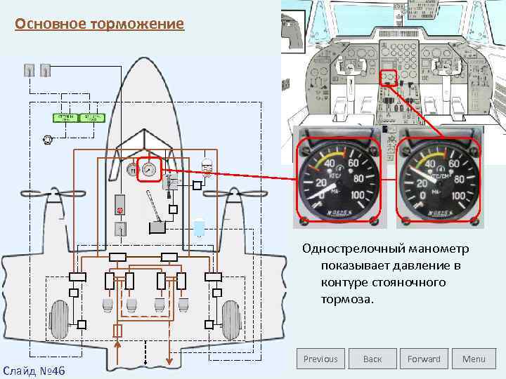 Основное торможение Однострелочный манометр показывает давление в контуре стояночного тормоза. Слайд № 46 Previous