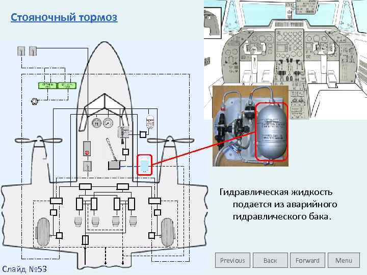 Стояночный тормоз Гидравлическая жидкость подается из аварийного гидравлического бака. Слайд № 53 Previous Васк