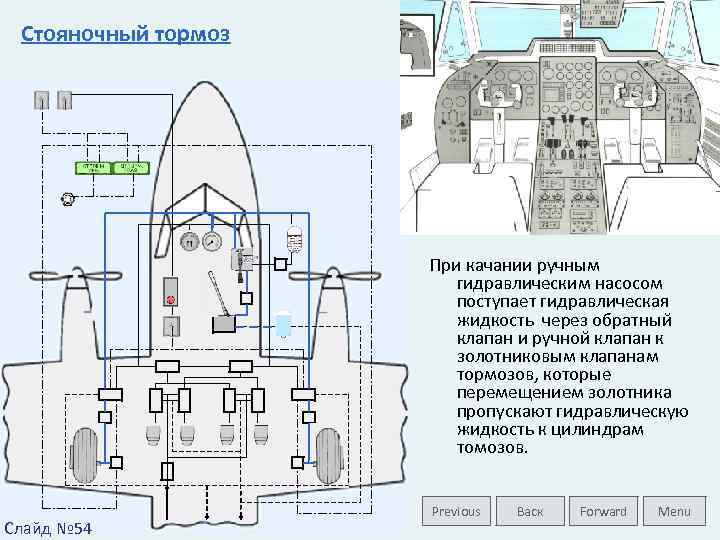 Стояночный тормоз При качании ручным гидравлическим насосом поступает гидравлическая жидкость через обратный клапан и
