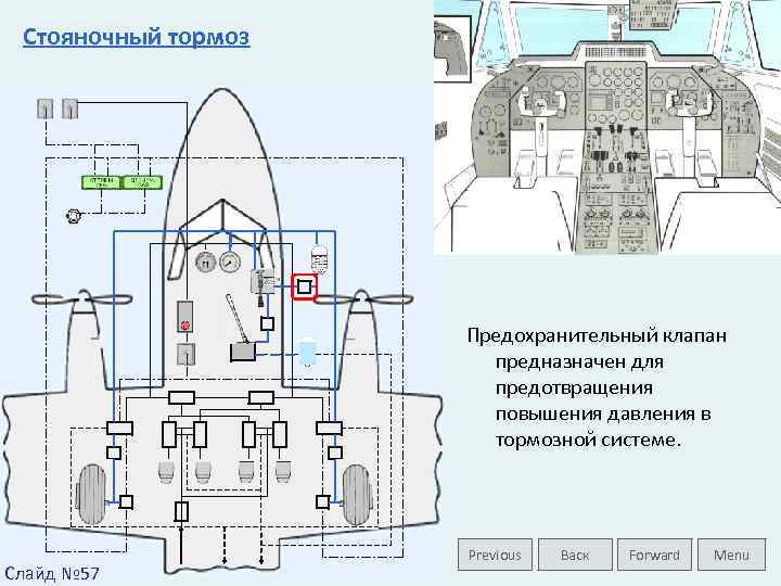 Стояночный тормоз Предохранительный клапан предназначен для предотвращения повышения давления в тормозной системе. Слайд №