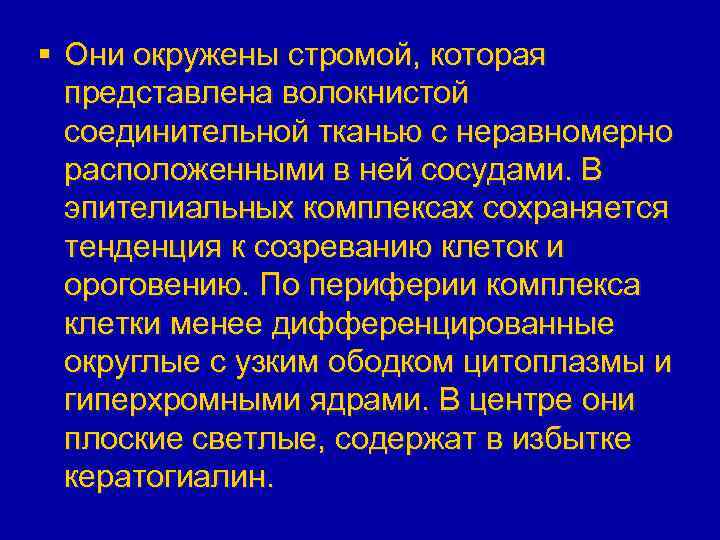 § Они окружены стромой, которая представлена волокнистой соединительной тканью с неравномерно расположенными в ней