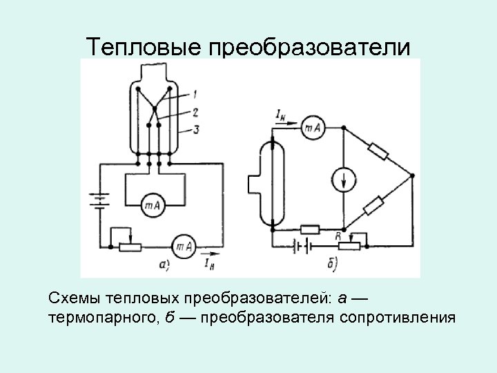 Тепловые преобразователи Схемы тепловых преобразователей: а — термопарного, б — преобразователя сопротивления 