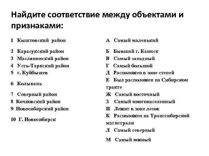 Найдите соответствие между объектами и признаками: 1 Кыштовский район А Самый маленький 2 Карасукский