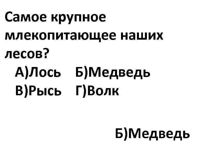 Самое крупное млекопитающее наших лесов? А)Лось Б)Медведь В)Рысь Г)Волк 