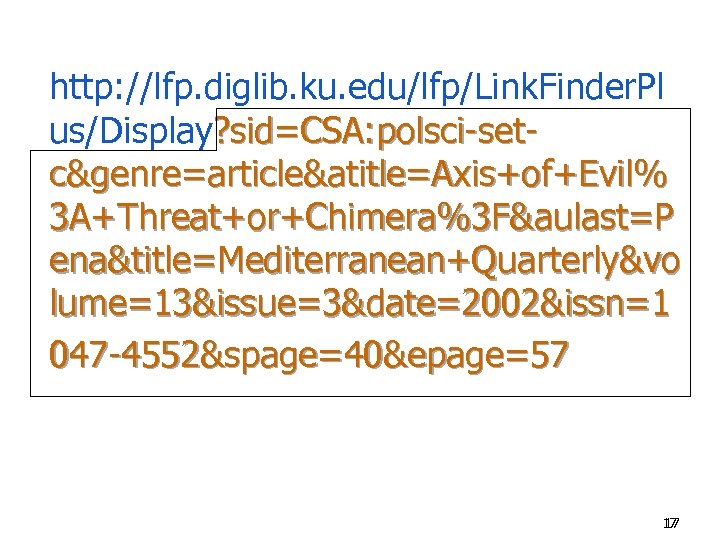 http: //lfp. diglib. ku. edu/lfp/Link. Finder. Pl us/Display? sid=CSA: polsci-setc&genre=article&atitle=Axis+of+Evil% 3 A+Threat+or+Chimera%3 F&aulast=P ena&title=Mediterranean+Quarterly&vo