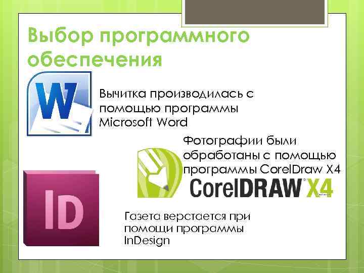 Выбор программного обеспечения Вычитка производилась с помощью программы Microsoft Word Фотографии были обработаны с