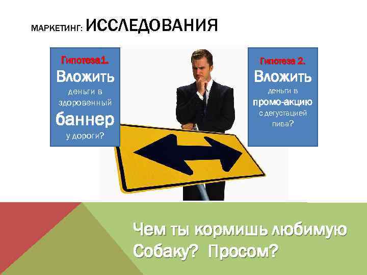 МАРКЕТИНГ: ИССЛЕДОВАНИЯ Гипотеза 1. Гипотеза 2. Вложить деньги в здоровенный деньги в промо-акцию баннер