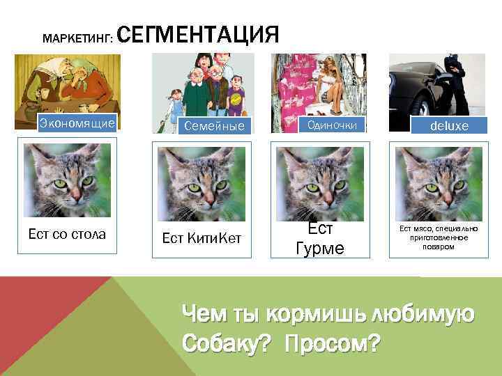 МАРКЕТИНГ: Экономящие Ест со стола СЕГМЕНТАЦИЯ Семейные Ест Кити. Кет Одиночки Ест Гурме deluxe