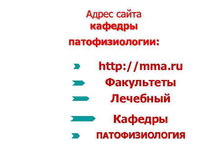 Адрес сайта кафедры патофизиологии: http: //mma. ru Факультеты Лечебный Кафедры ПАТОФИЗИОЛОГИЯ 2/5/2018 2 