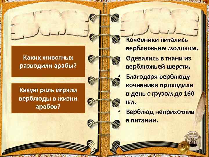 Каких животных разводили арабы? Какую роль играли верблюды в жизни арабов? • Кочевники питались