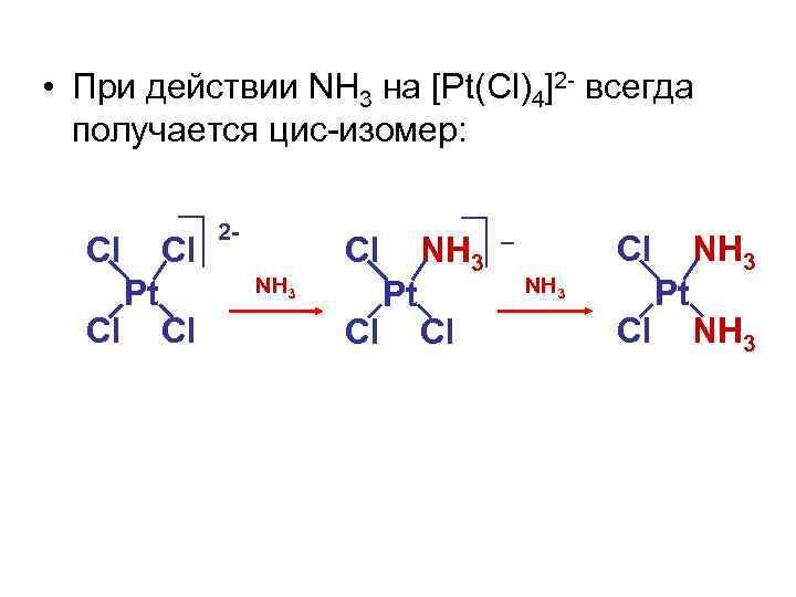  • При действии NH 3 на [Pt(Сl)4]2 - всегда получается цис-изомер: Сl Сl