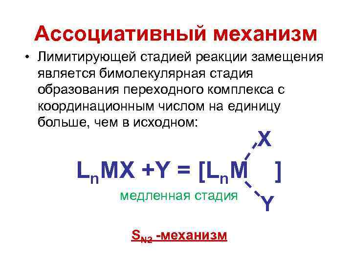 Ассоциативный механизм • Лимитирующей стадией реакции замещения является бимолекулярная стадия образования переходного комплекса с