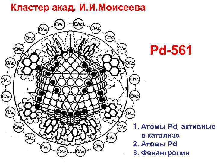 Кластер акад. И. И. Моисеева Pd-561 1. Атомы Pd, активные в катализе 2. Атомы