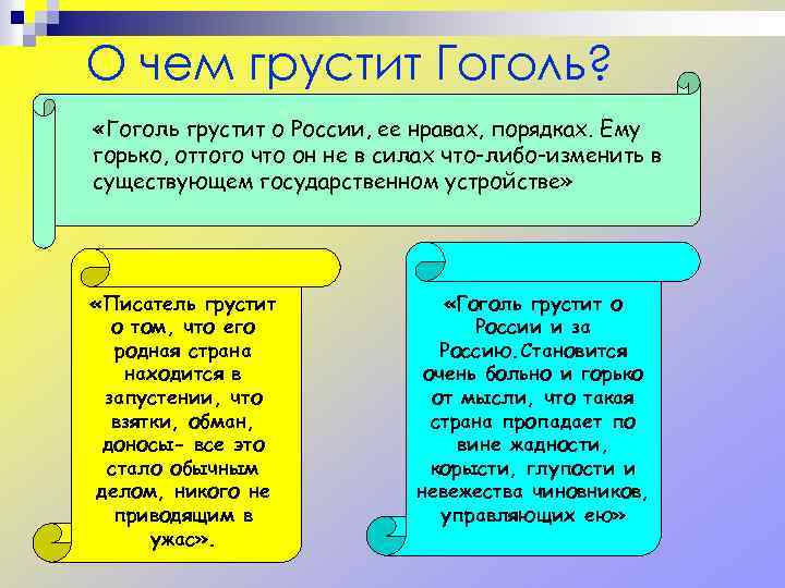 О чем грустит Гоголь? «Гоголь грустит о России, ее нравах, порядках. Ему горько, оттого