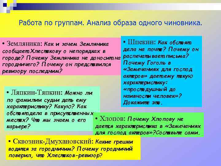 Работа по группам. Анализ образа одного чиновника. • Шпекин: Как обстоят и зачем Земляника