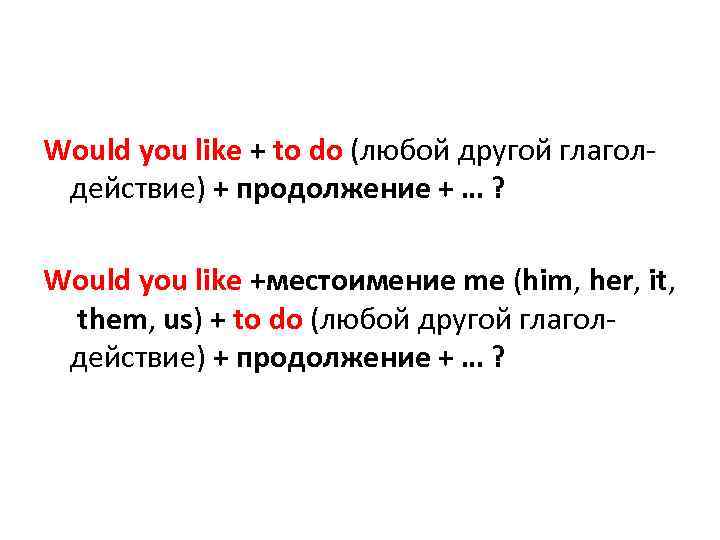 Would you like + to do (любой другой глаголдействие) + продолжение + … ?