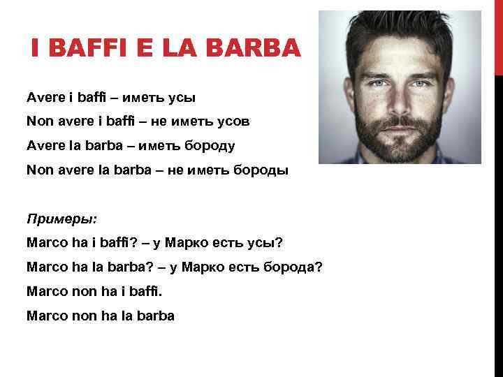 I BAFFI E LA BARBA Avere i baffi – иметь усы Non avere i