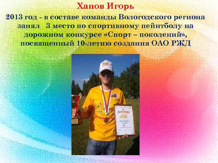 Хапов Игорь 2013 год - в составе команды Вологодского региона занял 3 место по