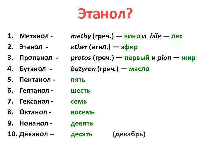 Этанол? 1. Метанол 2. Этанол 3. Пропанол 4. Бутанол 5. Пентанол 6. Гептанол 7.