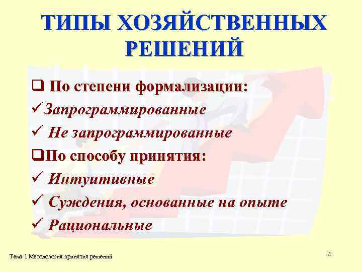 ТИПЫ ХОЗЯЙСТВЕННЫХ РЕШЕНИЙ q По степени формализации: ü Запрограммированные ü Не запрограммированные q. По