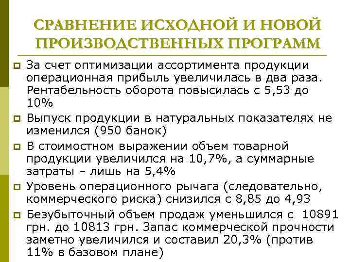 СРАВНЕНИЕ ИСХОДНОЙ И НОВОЙ ПРОИЗВОДСТВЕННЫХ ПРОГРАММ p p p За счет оптимизации ассортимента продукции