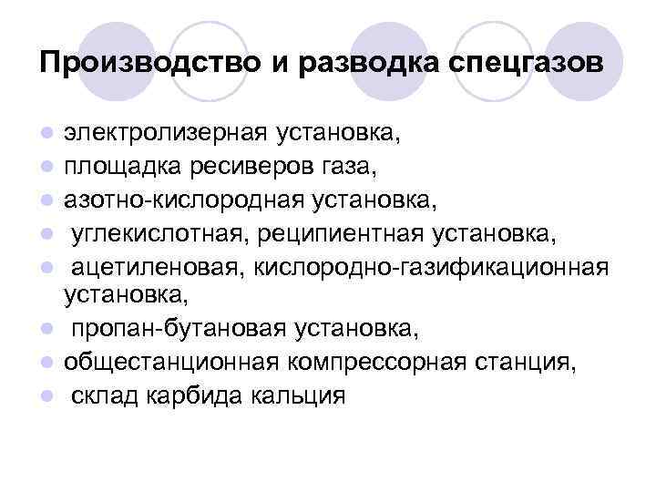 Производство и разводка спецгазов l l l l электролизерная установка, площадка ресиверов газа, азотно-кислородная