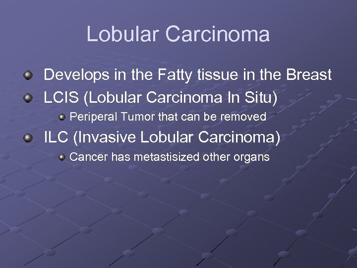 Lobular Carcinoma Develops in the Fatty tissue in the Breast LCIS (Lobular Carcinoma In