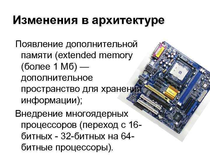 Изменения в архитектуре Появление дополнительной памяти (extended memory (более 1 Мб) — дополнительное пространство