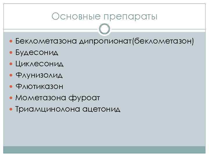 Основные препараты Беклометазона дипропионат(беклометазон) Будесонид Циклесонид Флунизолид Флютиказон Мометазона фуроат Триамцинолона ацетонид 