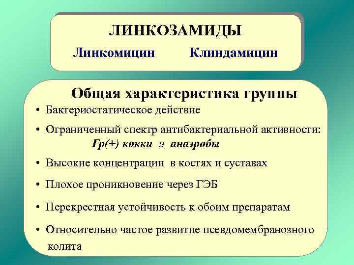 ЛИНКОЗАМИДЫ Линкомицин Клиндамицин Общая характеристика группы • Бактериостатическое действие • Ограниченный спектр антибактериальной активности: