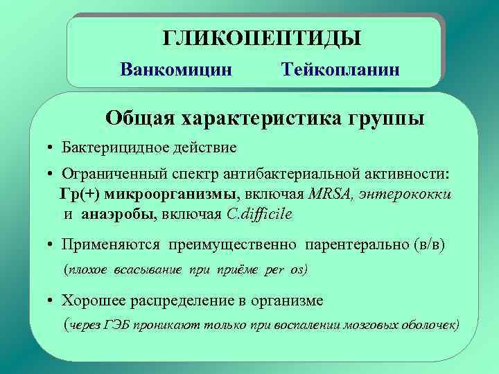 ГЛИКОПЕПТИДЫ Ванкомицин Тейкопланин Общая характеристика группы • Бактерицидное действие • Ограниченный спектр антибактериальной активности: